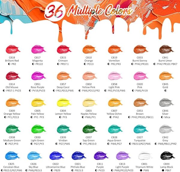 Caliart Acrylic Paint Set With 12 Brushes, 36 Colors (59ml, 2oz) Art Craft Paints Gifts for Artists Kids Beginners - Image 2