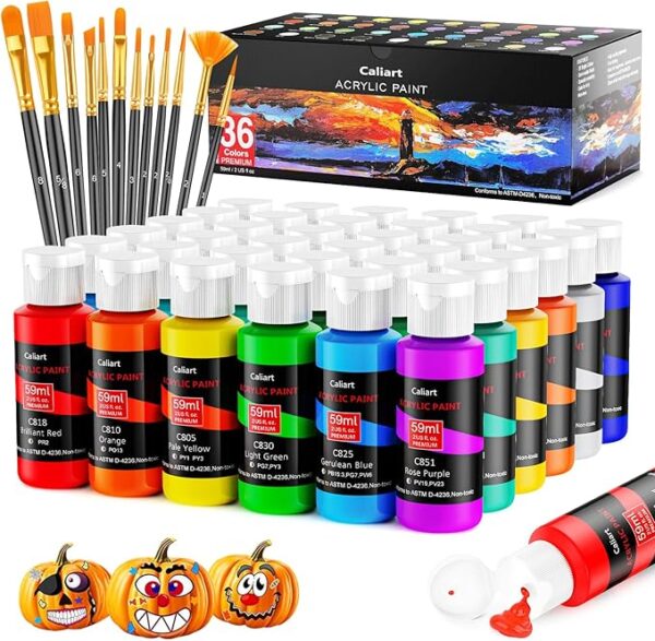 Caliart Acrylic Paint Set With 12 Brushes, 36 Colors (59ml, 2oz) Art Craft Paints Gifts for Artists Kids Beginners