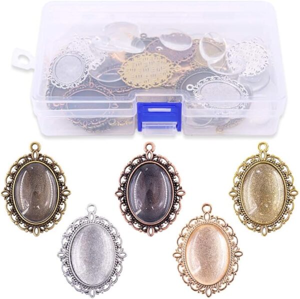 Glarks 70Pcs Oval Pendant Set, 35Pcs 5 Colors Pendant Trays